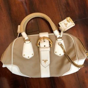 Prada Bauletto handbag, white leather and beige with gold accents